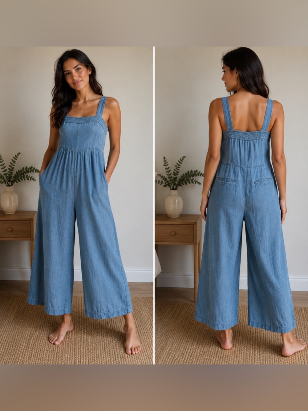 Chambray Wide-Leg Jumpsuit - Light Blue